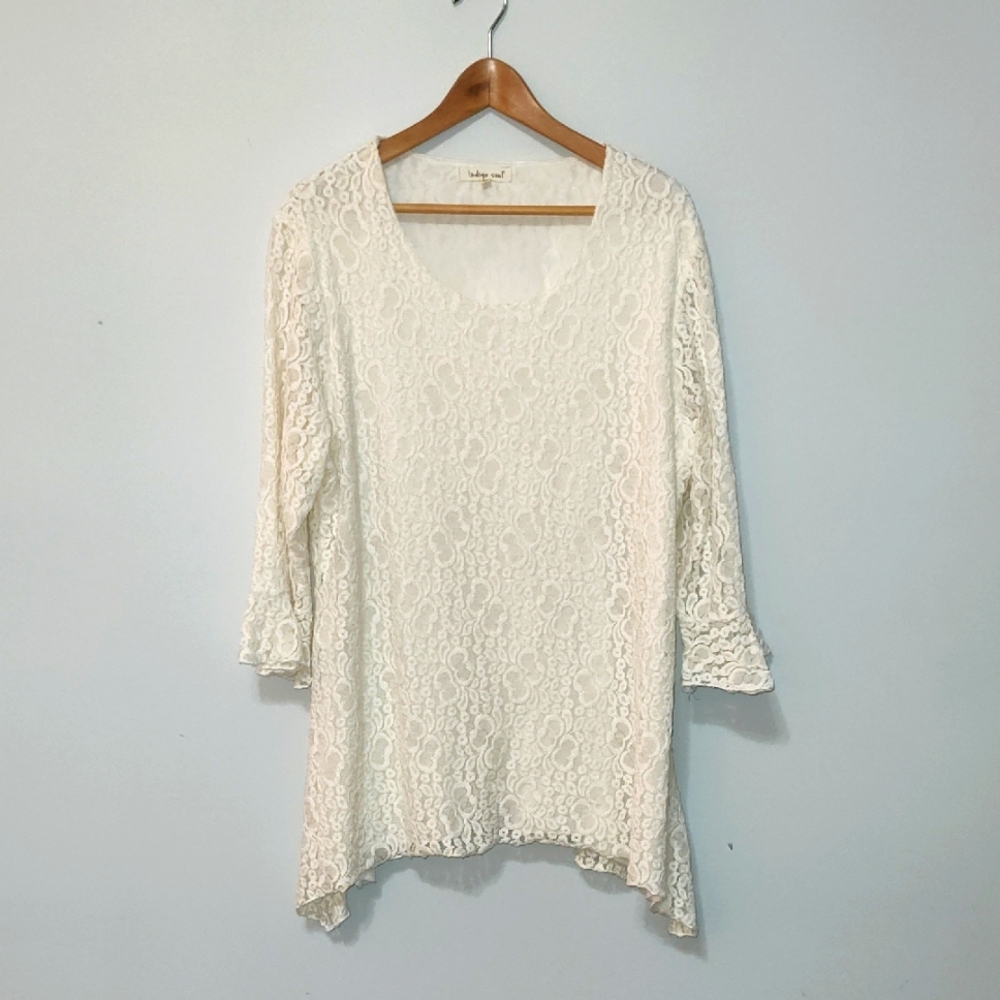 Indigo Soul Tunic Top Size 2XL Ivory Cotton Lace Cottage Core Boho Fall Winter